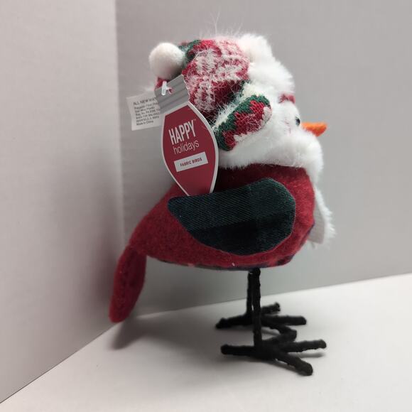 Walgreens Christmas Fabric Bird Tabletop Decor Red Fur Hat Happy Holidays - Picture 2 of 9